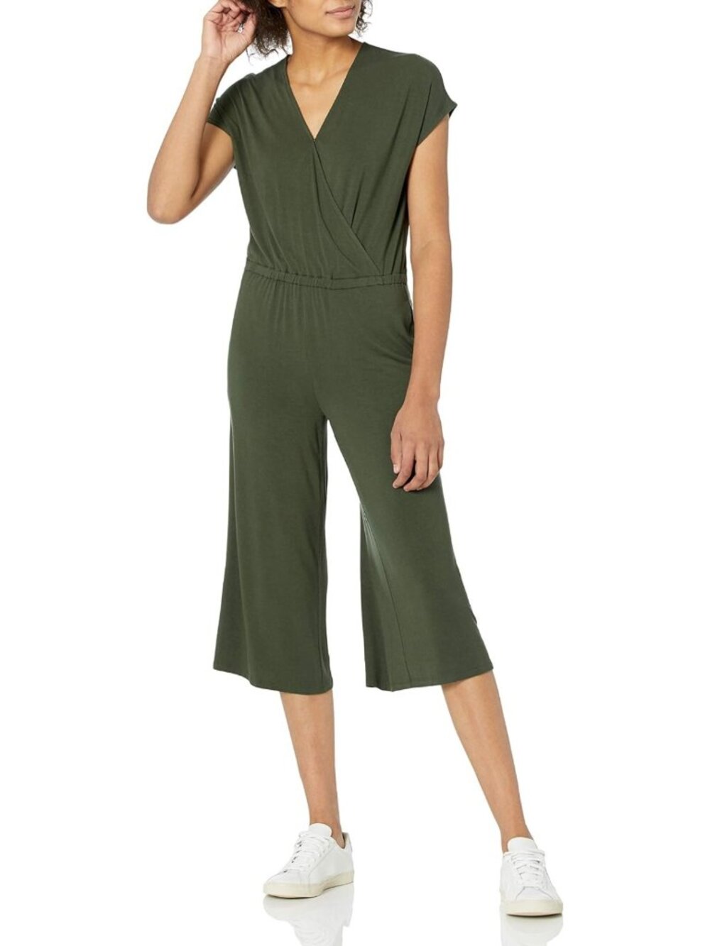 Chic Women's V-Neck Surplice Cropped Jumpsuit - Short Sleeve, Wide-Leg, Elastic